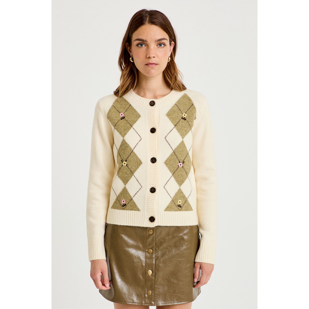 Gilet broderie col rond manches longues ecru, CACHE CACHE