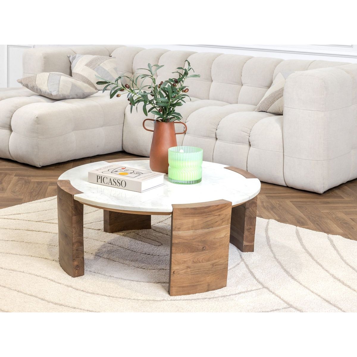 Table basse ronde en marbre, TORVI blanc, BOBOCHIC