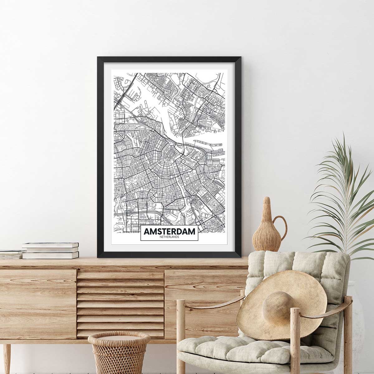 Affiche graphique amsterdam netherlands affiche + cadre en bois - noir, HEXOA