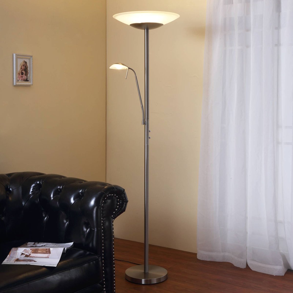 Lampadaire en métal moderneLED, Ragna blanc albâtre, nickel mat, LINDBY