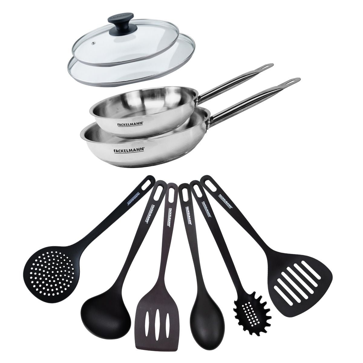 Set de 2 poêles de 20 et , 2 couvercles en verre ETERNA transparent|noir|inox, FACKELMANN