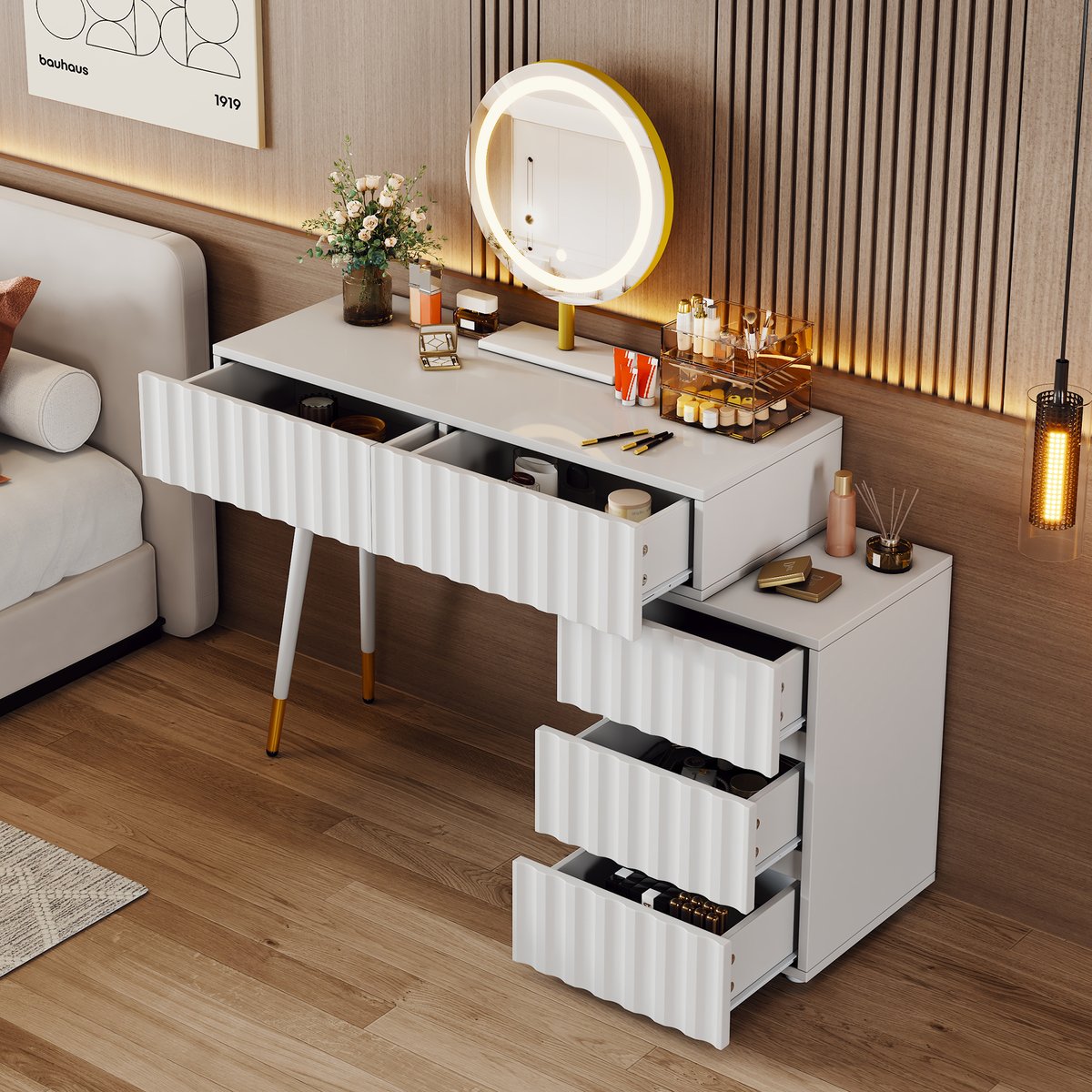 Coiffeuse table de maquillage avec 5 tiroirs, ULTRAE blanc, MEUBLES COSY
