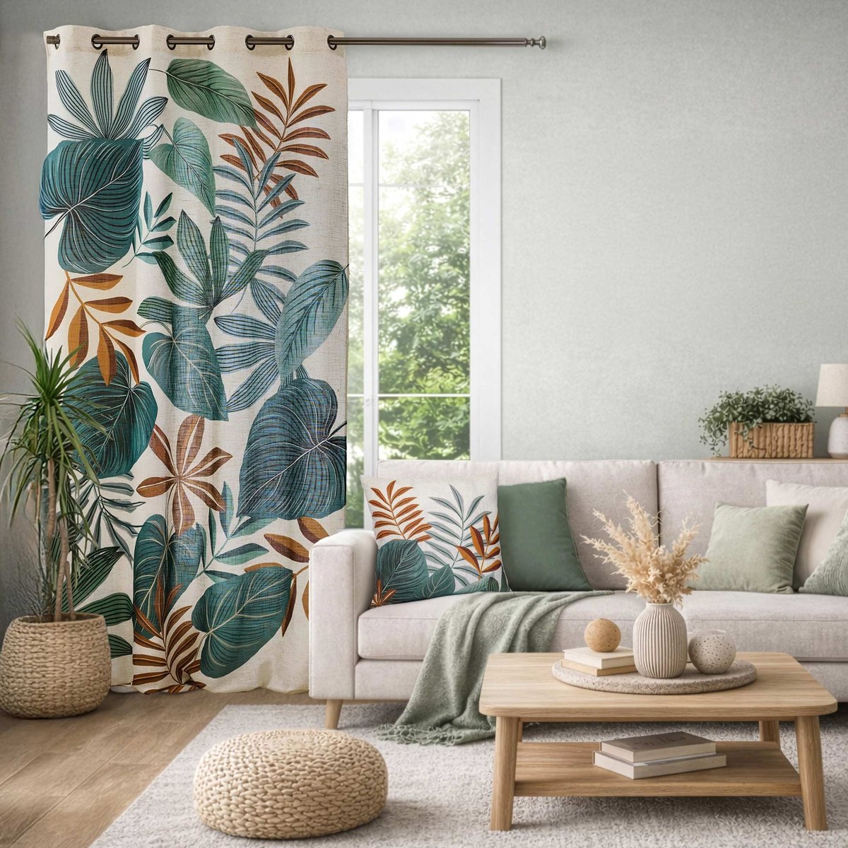 Rideau tamisant à œillets en poly-lin imprimé à motif tropical vert, DOUCEUR D'INTÉRIEUR