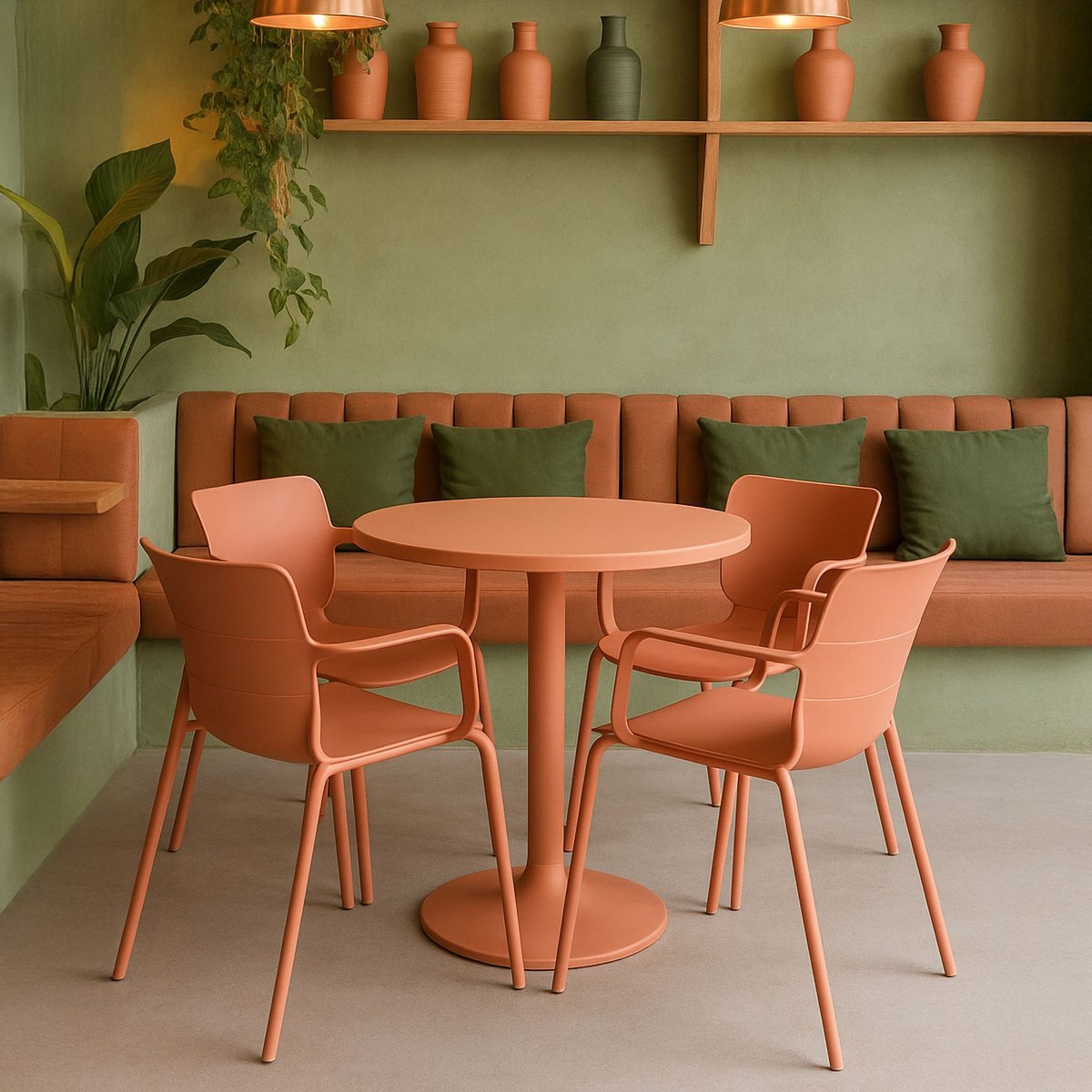 Ensemble table et 4 fauteuils en polypropylène et métal, MONTAUK brique, NOW'S HOME