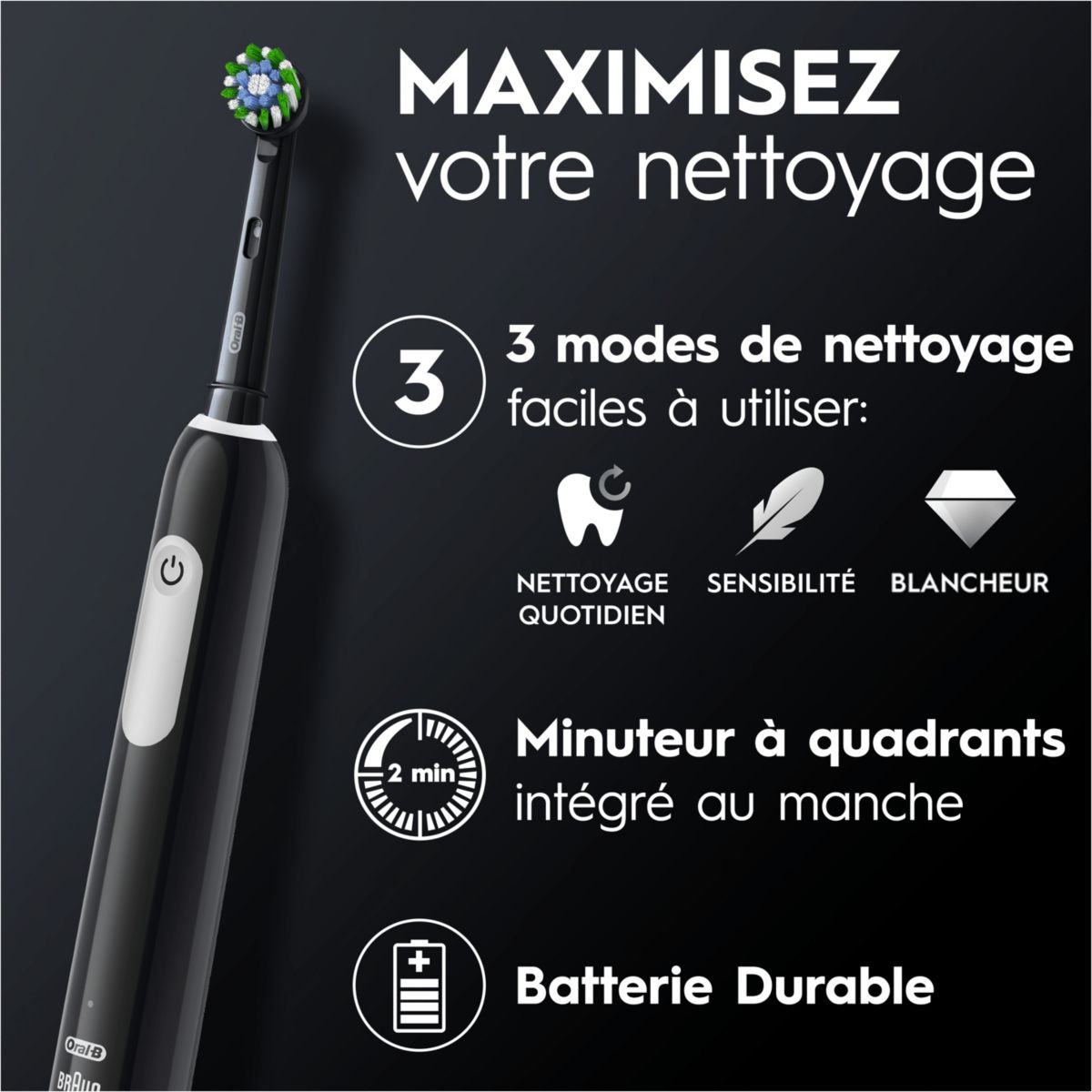 Brosse à dents électrique Pro 1 Noire Cross Action couleur unique, ORAL B