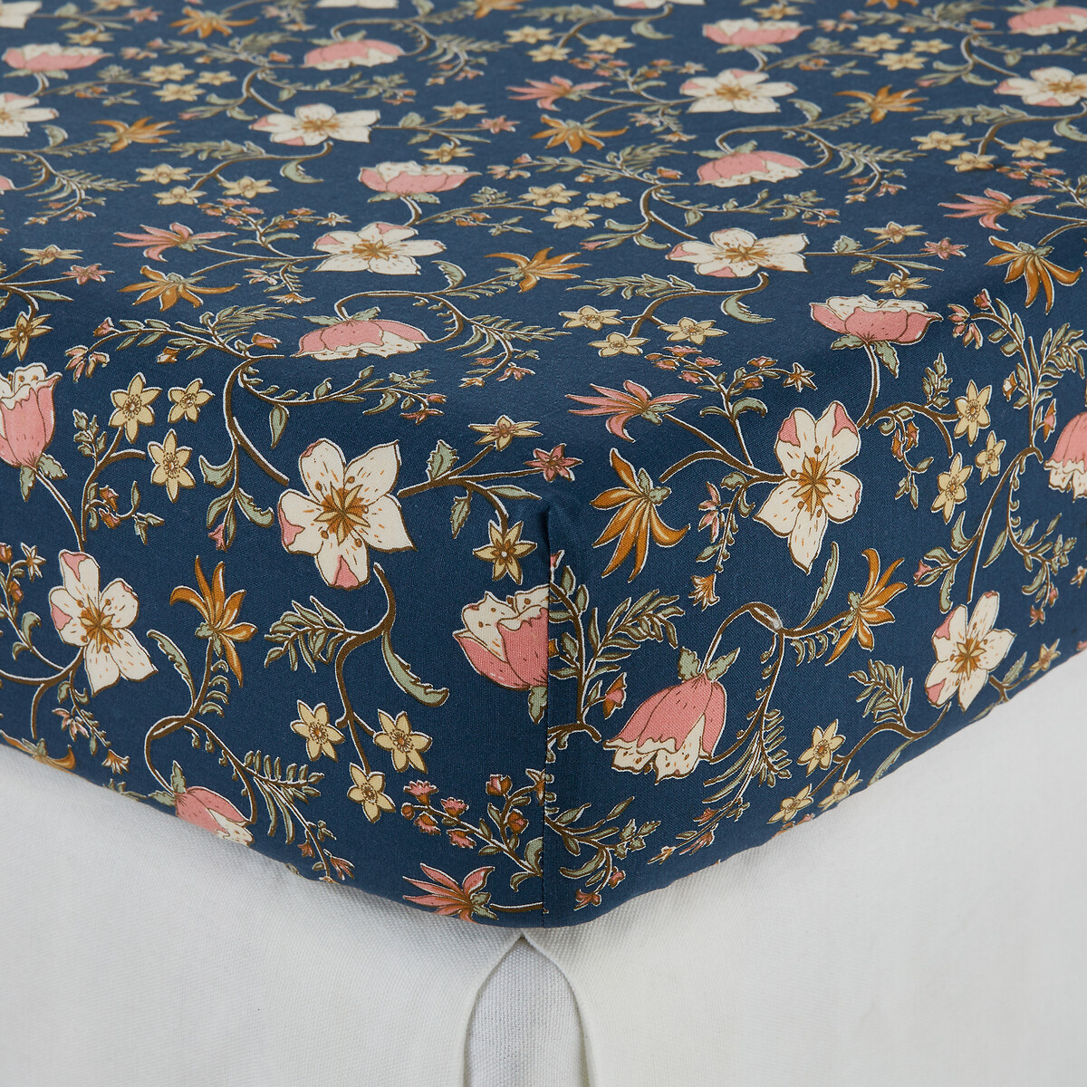 Drap-housse 30% coton recyclé bon. 25 cm, Jasmine imprimé fond bleu, LA REDOUTE INTERIEURS