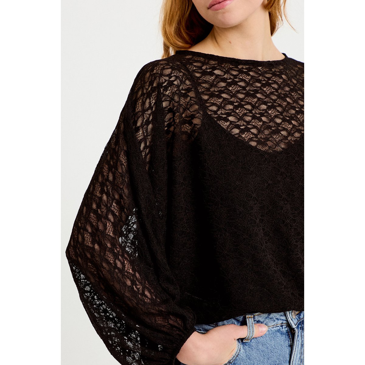 Blouse dentelle col rond manches longues noir, CACHE CACHE