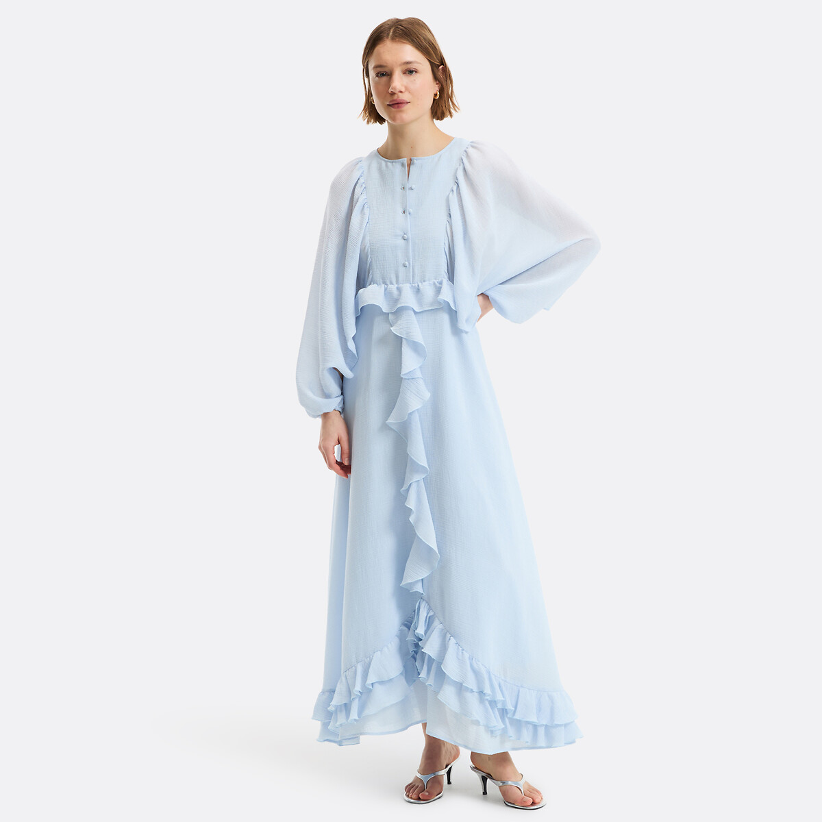 Robe longue à volants manches bouffantes bleu pastel, LA REDOUTE COLLECTIONS