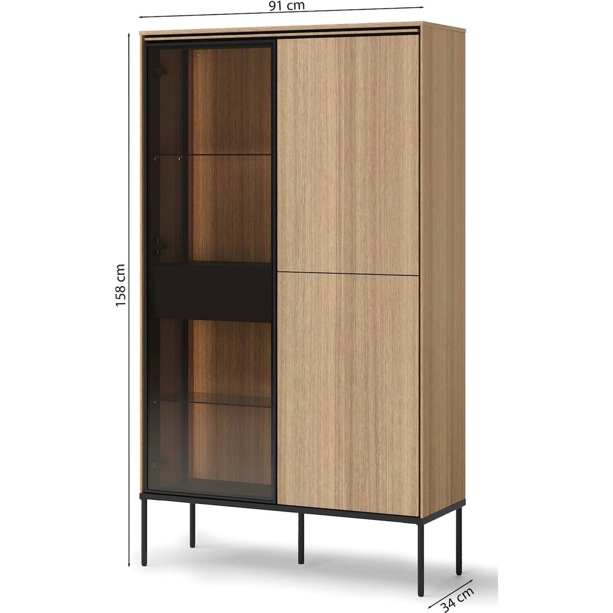 Commode haute vitrée VISSO avec éclairage LED chêne linéaire et noir, RECOLLECTION