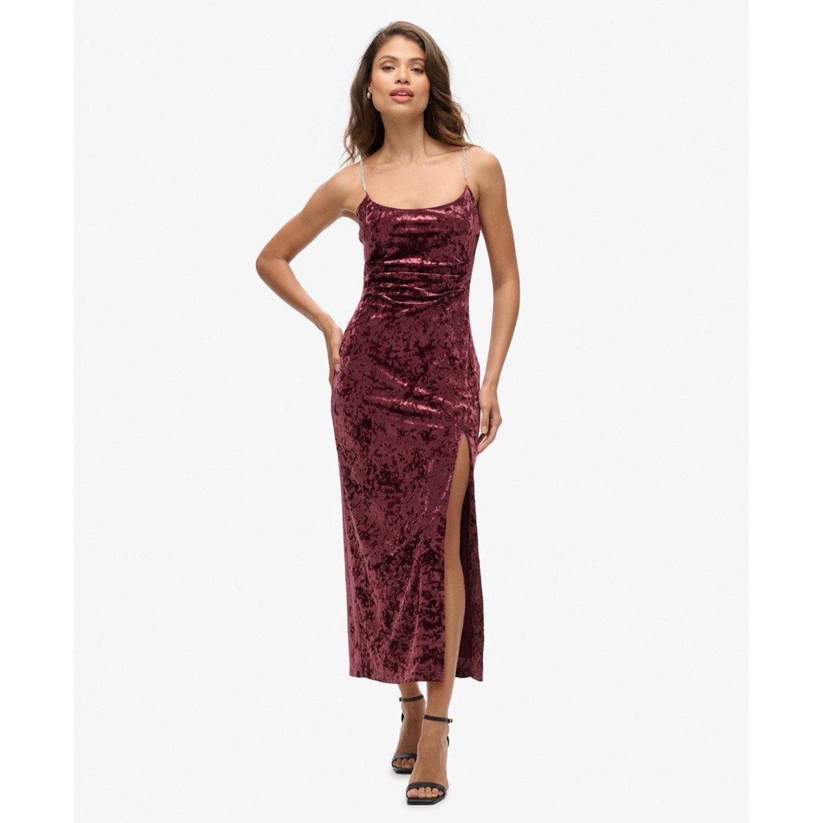 Robe longue en velours à strass bordeaux crush, SUPERDRY