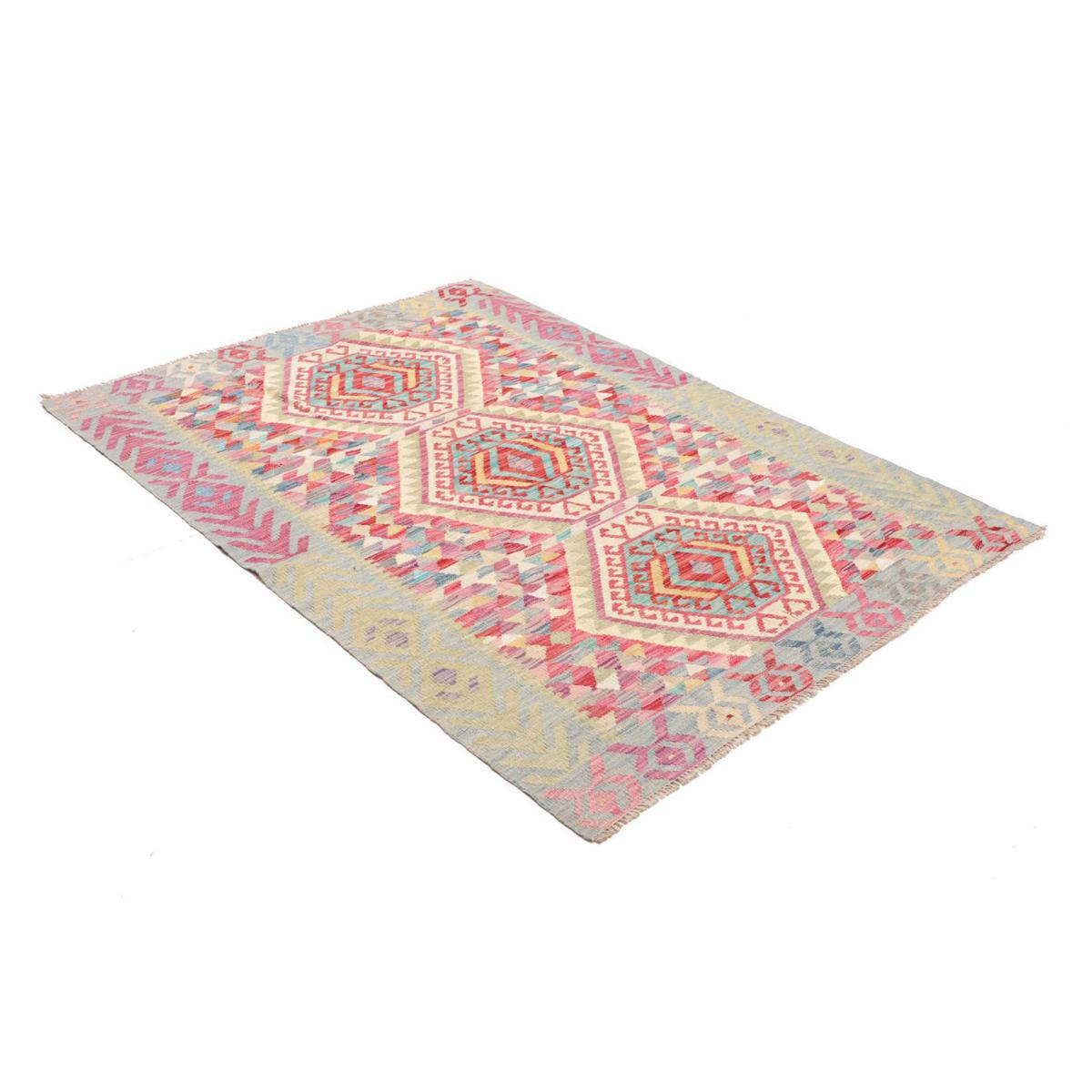 Tapis kilim au motif ethnique, tissé à plat en laine naturelle multicolore, bleu, rose, UN AMOUR DE TAPIS