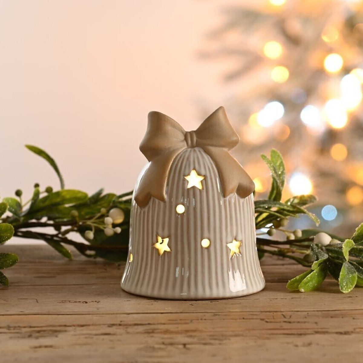 Set of 3 12cm Nordic Lights Light-up Porcelain Bells with Bow white, SO'HOME