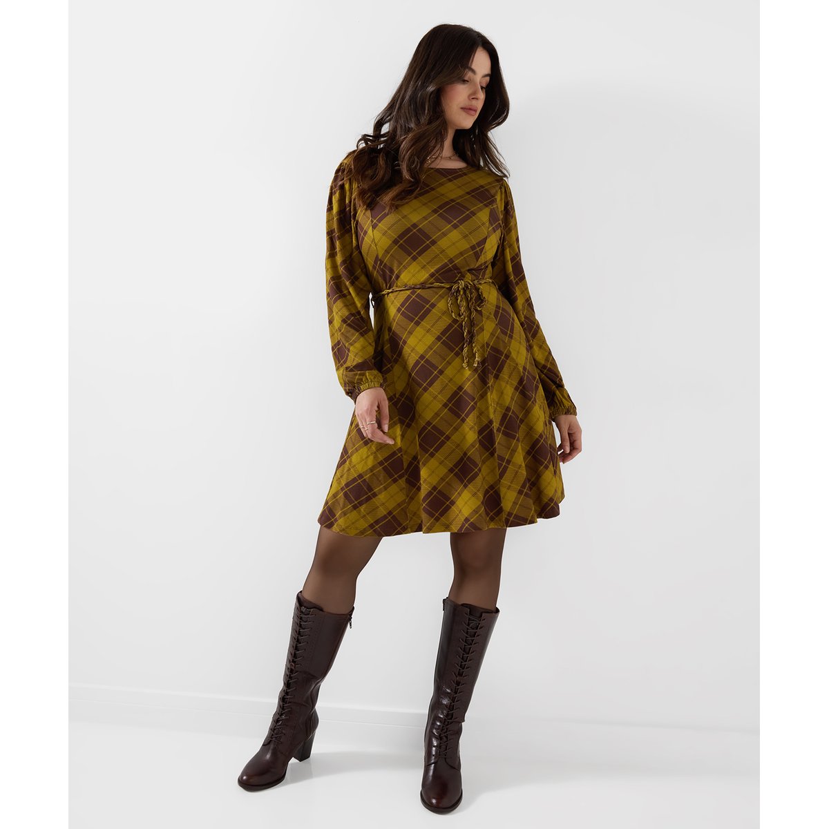Robe Courte en Jersey à Carreaux Tradition marron, JOE BROWNS