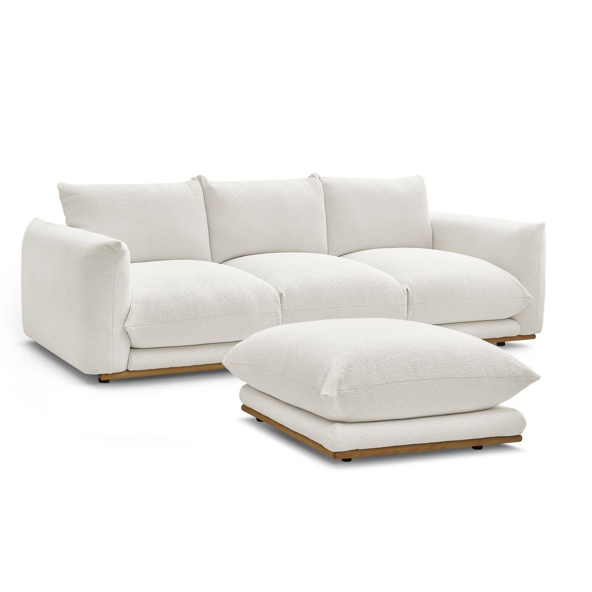 Canapé droit fixe 3 places en tissu bouclette avec pouf, ERNEST blanc, BOBOCHIC