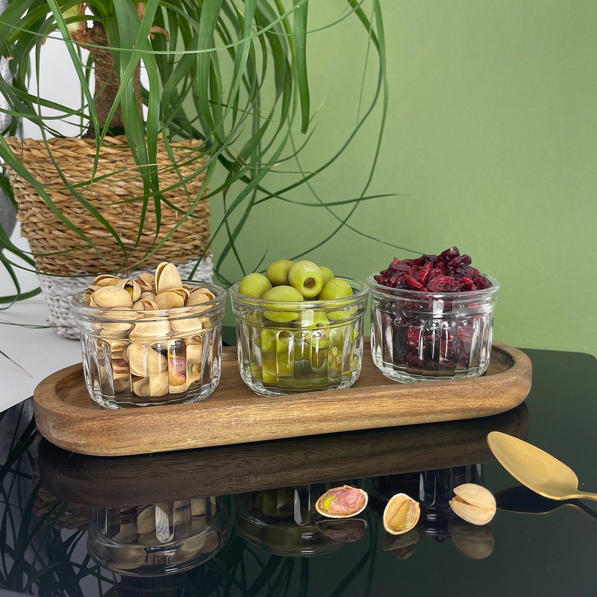 Coffret apéro 3 verrines 10 cl+plateau bois, DELICE transparent et bois, LA ROCHERE