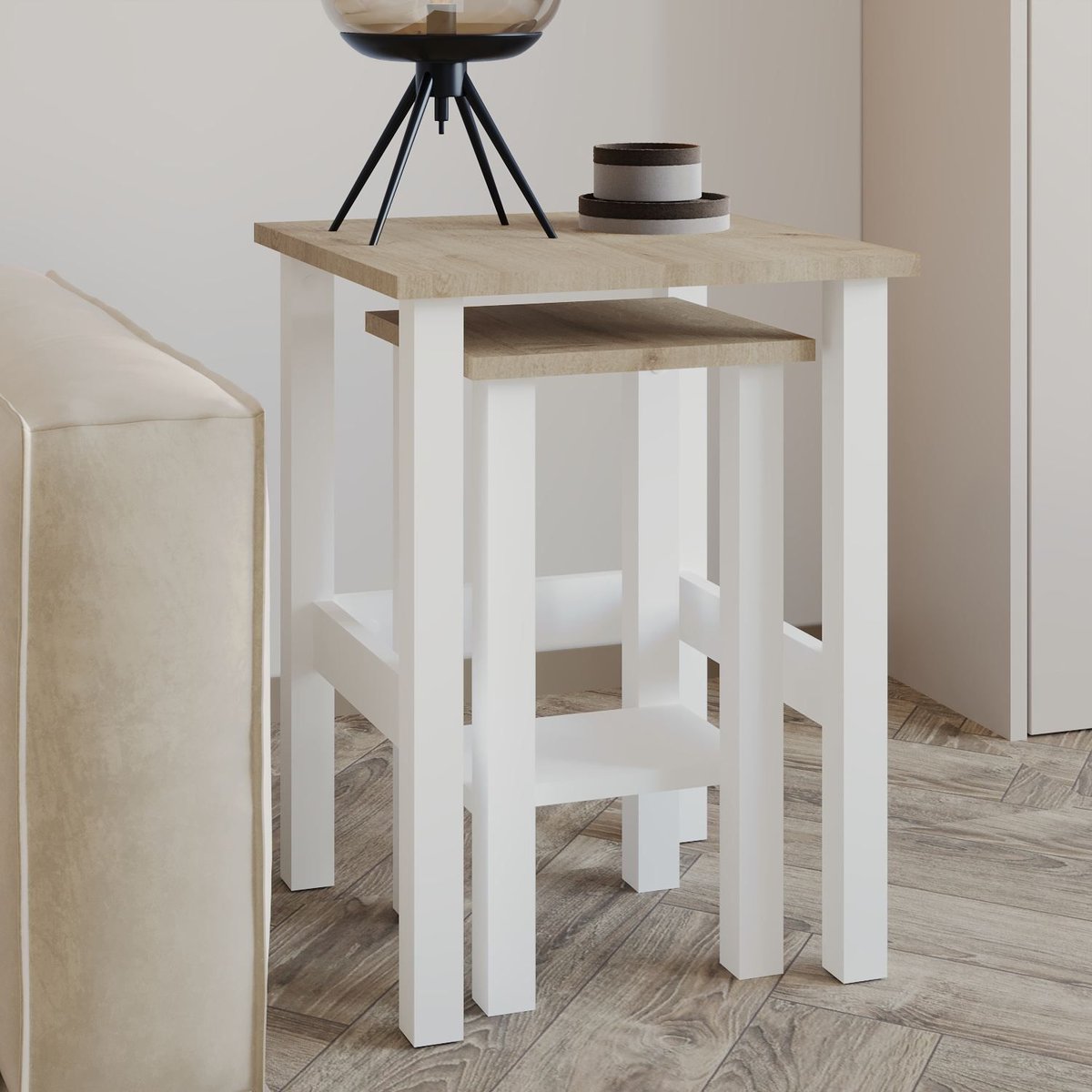Lot de 2 tables gigognes effet bois LINO blanc, TOILINUX