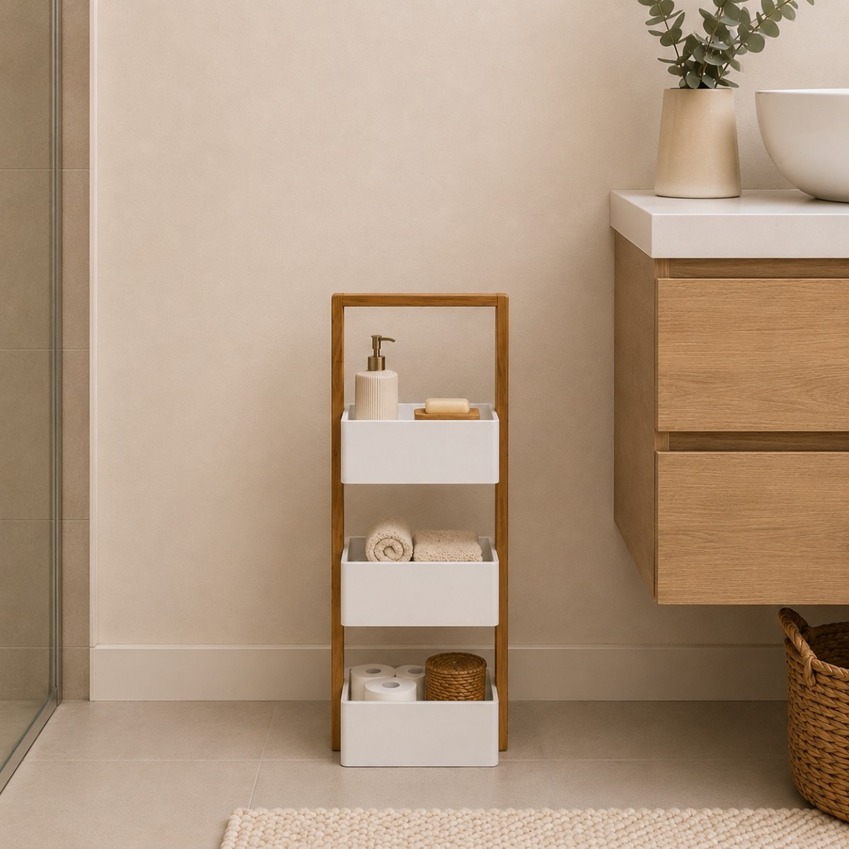 Etagère droite bambou 3 bacs de rangement blanc, CALICOSY