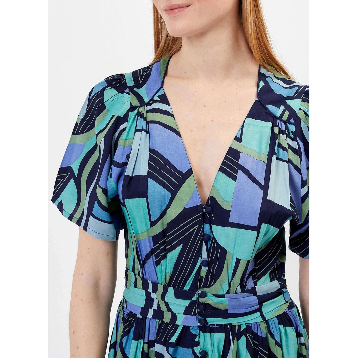 Robe longue rétro imprimée Ecovero TONY bleu ciel matchi, PRINCESSE NOMADE