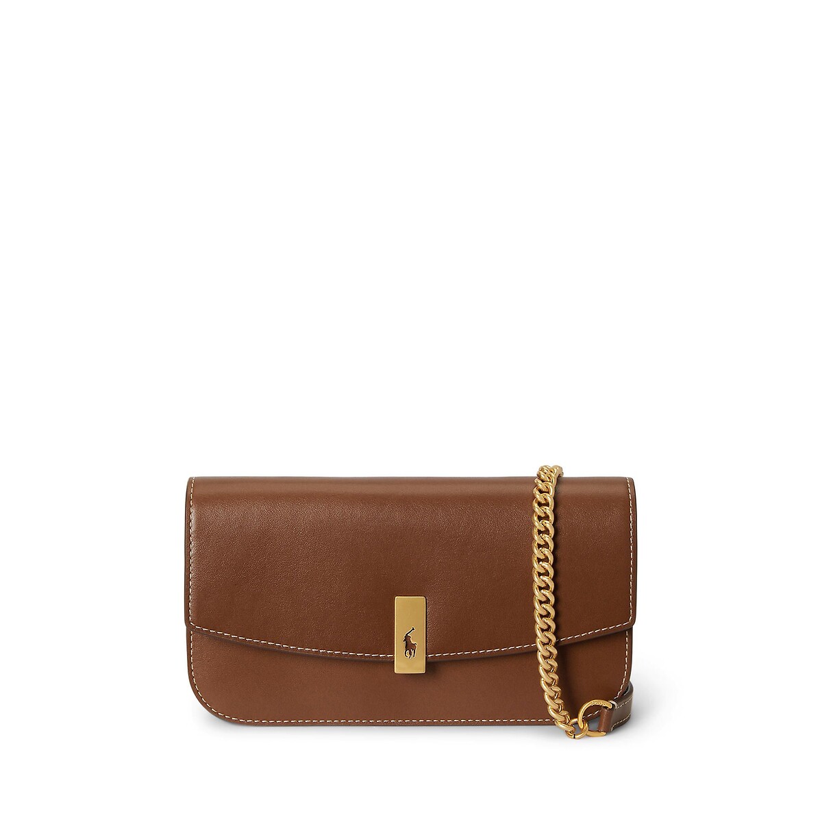 Sac pochette en cuir, à bandoulière chaîne camel, POLO RALPH LAUREN