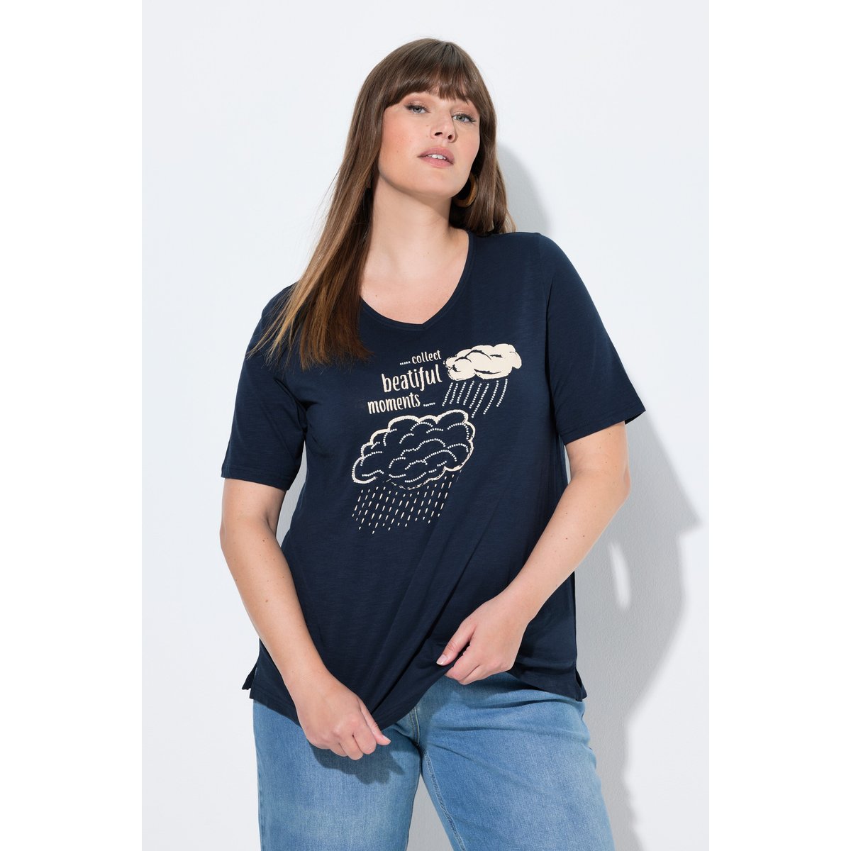T-shirt en coton bio, perles fantaisie marine, ULLA POPKEN