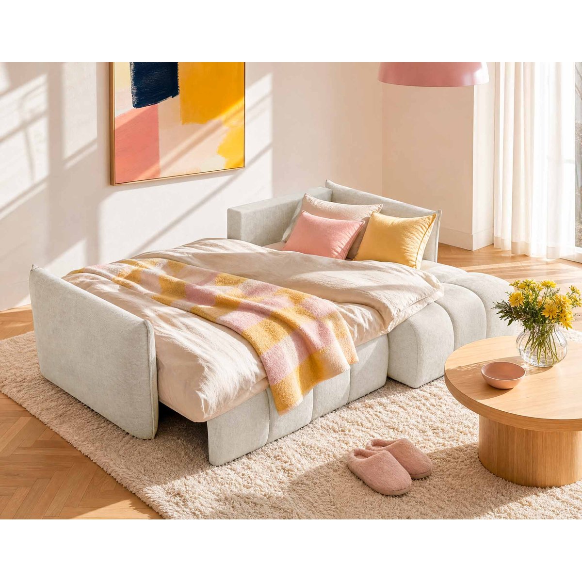 Canapé d'Angle Convertible en Velours texturé 4 places - AMBROISE beige, BEST MOBILIER