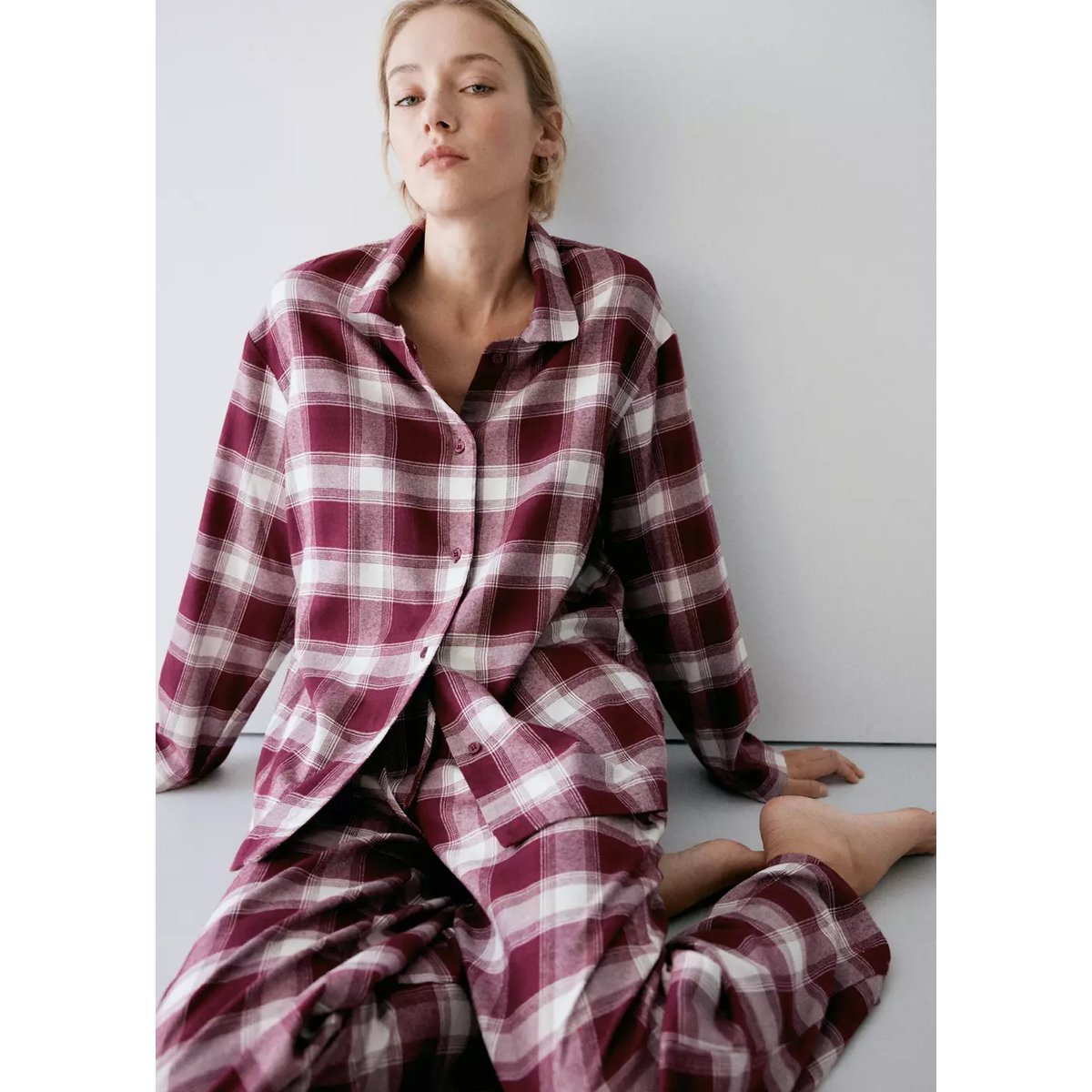 Chemise pyjama flanelle carreaux bordeaux, MANGO