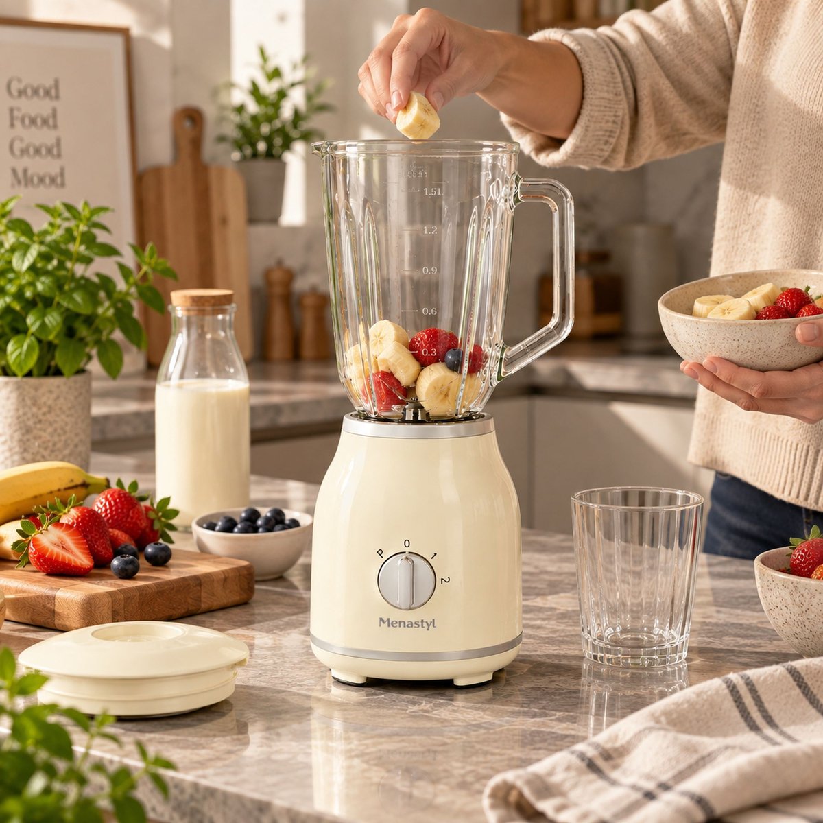 Blender 1,5L - 1000W - 2 vitesses, RETRO crème, MENASTYL