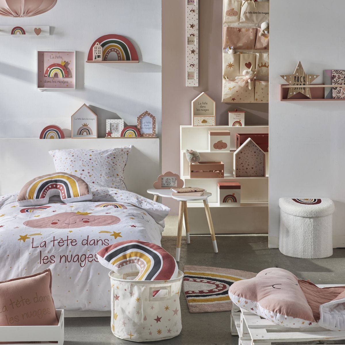 Pouf coffre de rangement enfant LA TETE DANS LES NUAGES blanc, FACTORY