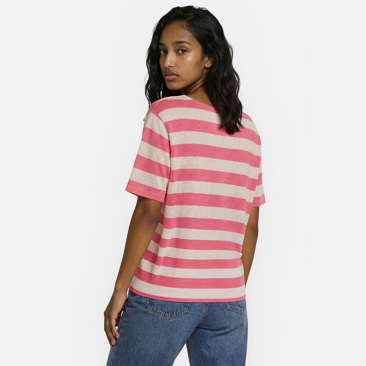 Tshirt à rayures, en lin, col rond, manches courtes rayé rose ivoire, LA REDOUTE COLLECTIONS