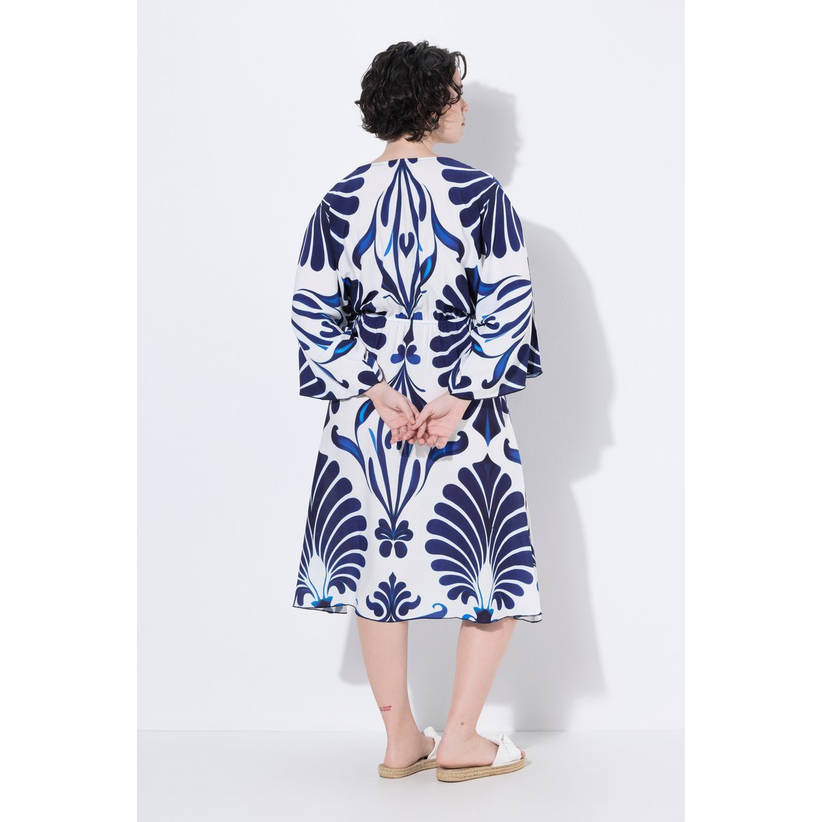 Robe décolleté en V et manches 3/4 blanc neige, ULLA POPKEN