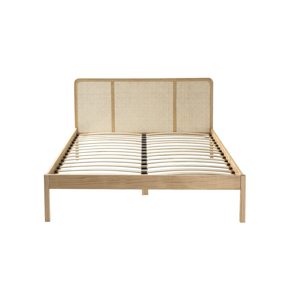 Lit en pin massif avec tête de lit et 2 chevets cannage - ANNA bois naturel, TERRE DE NUIT