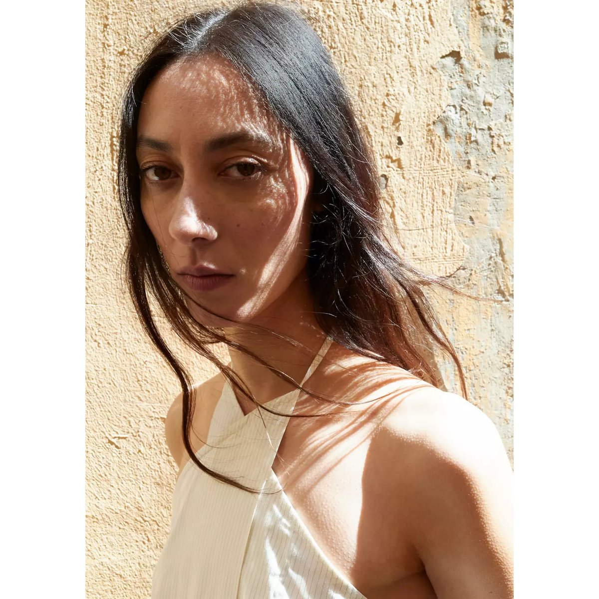 Top rayures col halter écru, MANGO