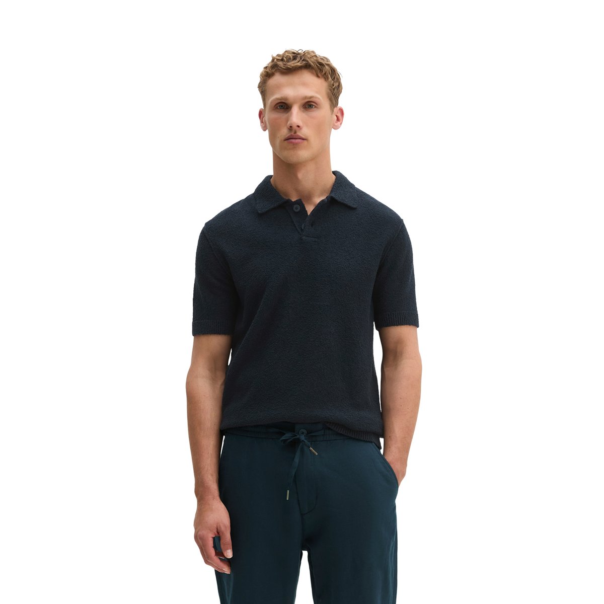 Polo en bouclette régulier en doux mélange de coton bio bleu foncé, MARC O'POLO