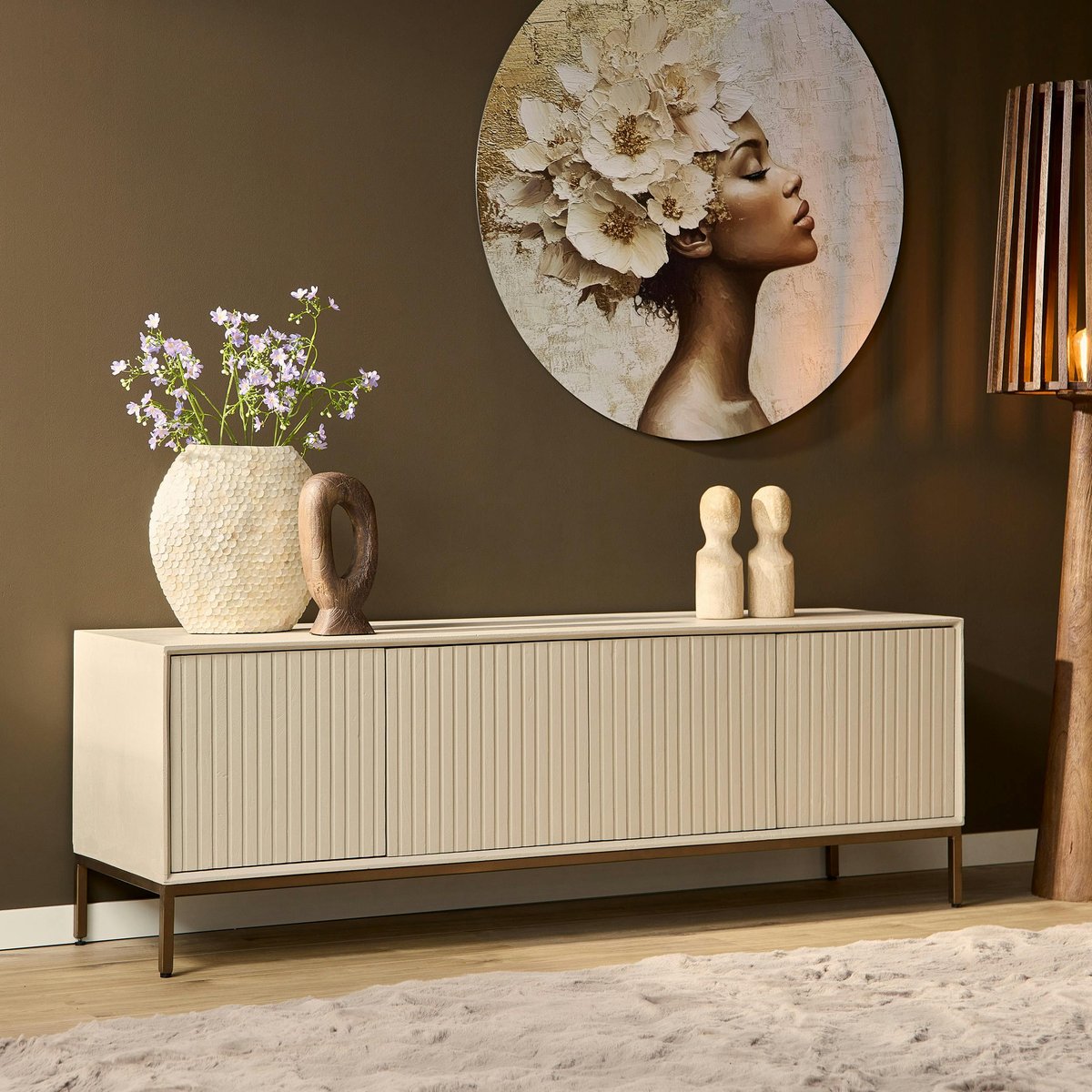 Meuble TV 165 cm 4 portes rainurées CORTINA beige, PIER IMPORT
