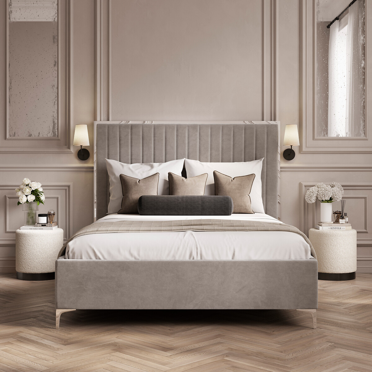 Bromley Velvet Tall Headboard Bed with Metal Trim mink grey, ÉDITÉ