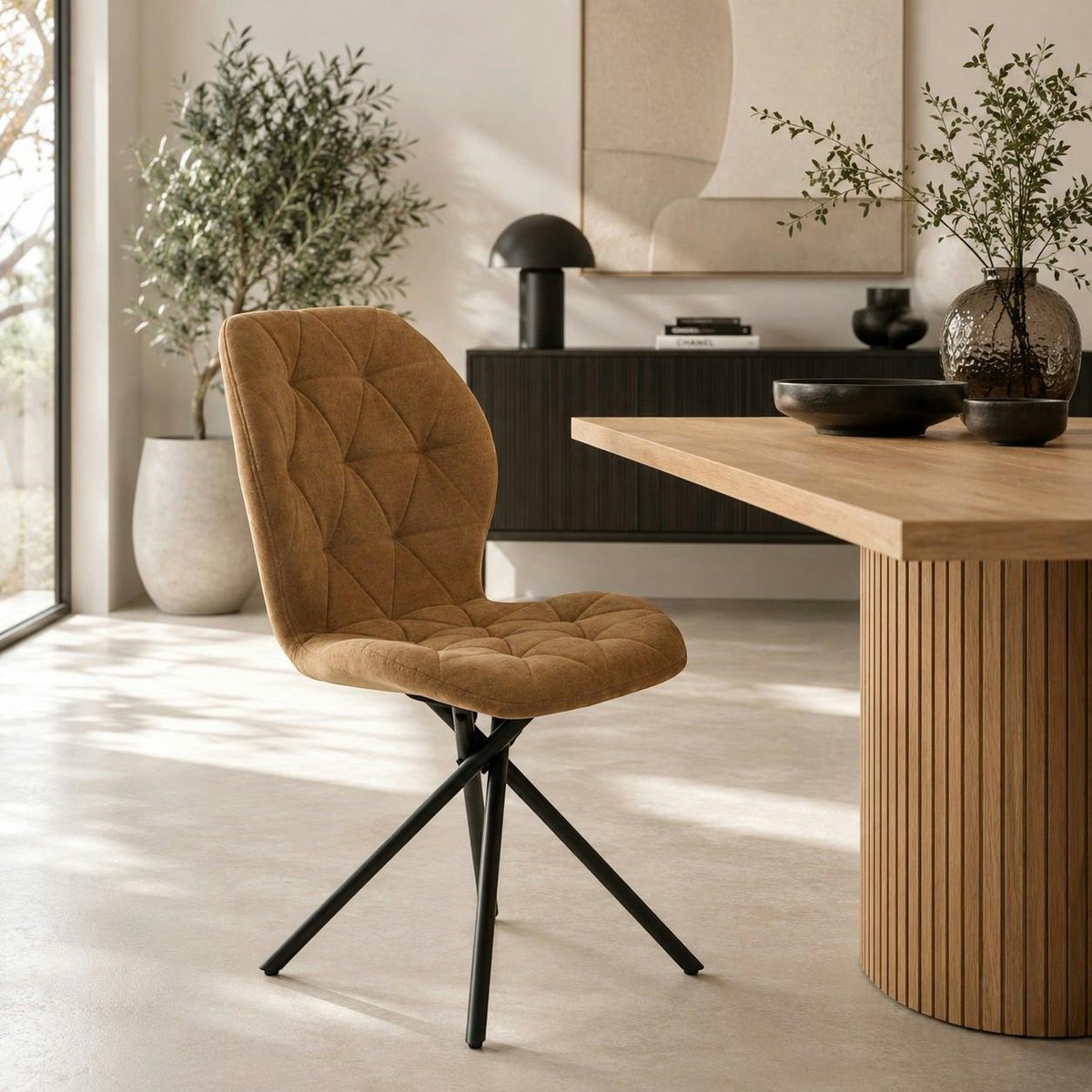 Chaise moderne en tissu, pied croisé (lot de 2) LUGANO moutarde, PIER IMPORT