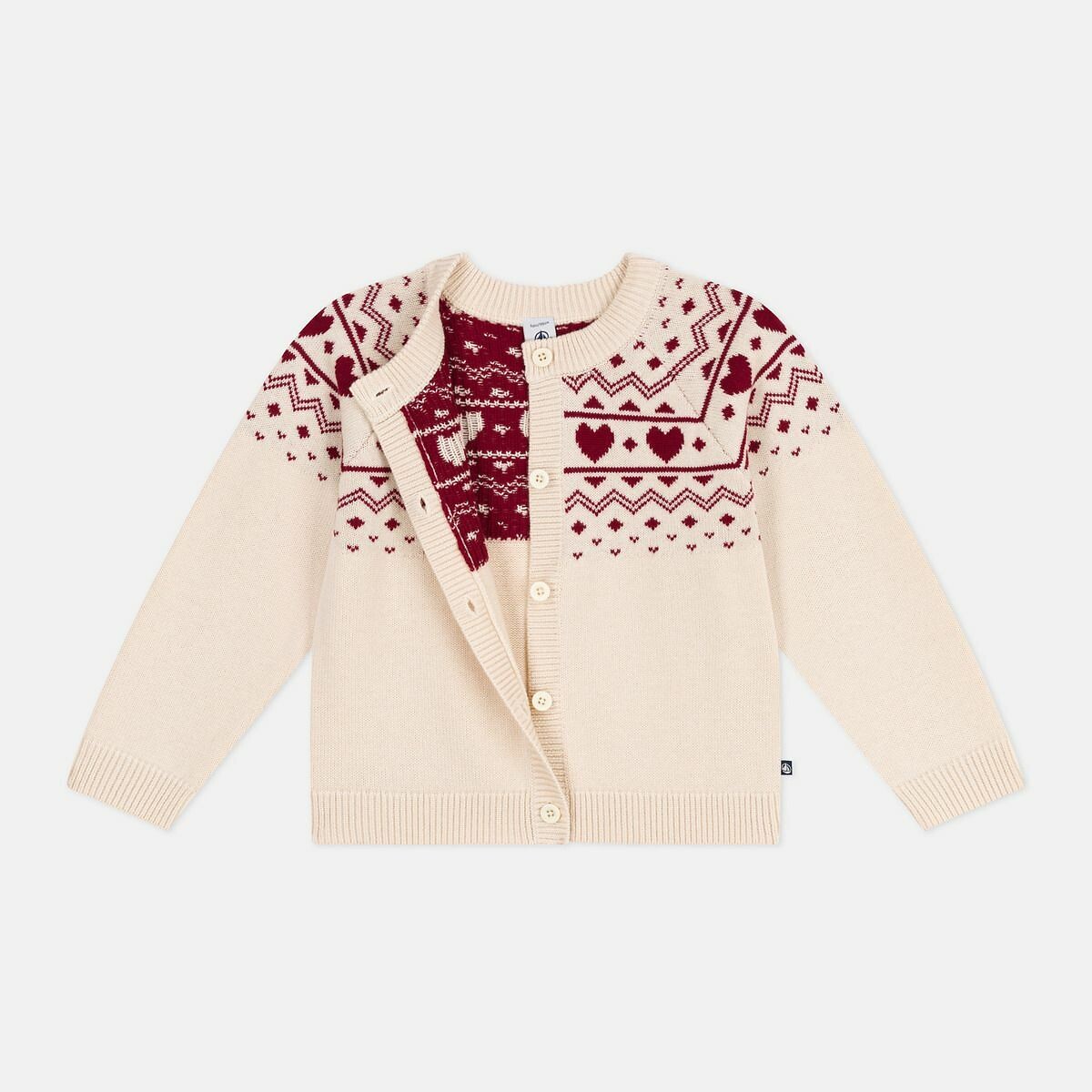 Cardigan en laine et coton, motif jacquard ecru, PETIT BATEAU