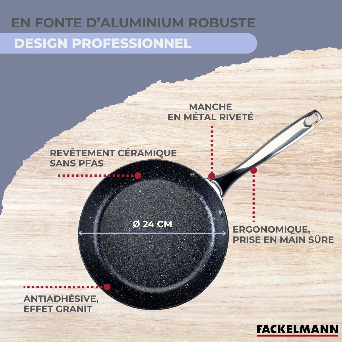 Poêle 24 cm fonte alu revêtement antiadhésif céramique sans PFAS gris,noir, FACKELMANN