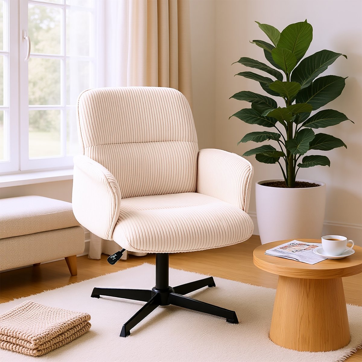 Fauteuil relax rotatif réglable en velours côtelé avec accoudoirs et base en métal noir, THOMASINACORDL beige, MEUBLES COSY