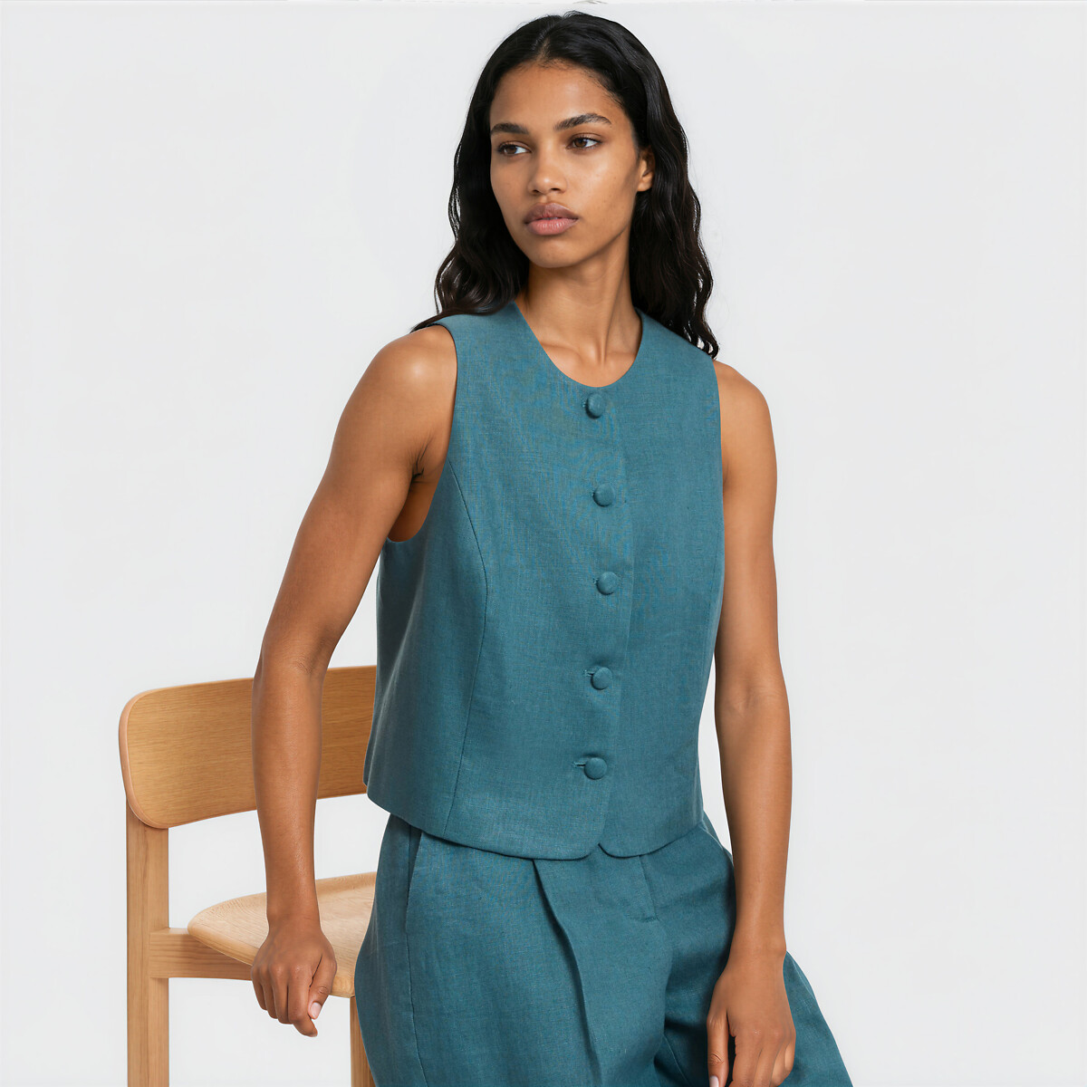 Gilet de costume court cintré en lin vert emeraude, LA REDOUTE COLLECTIONS