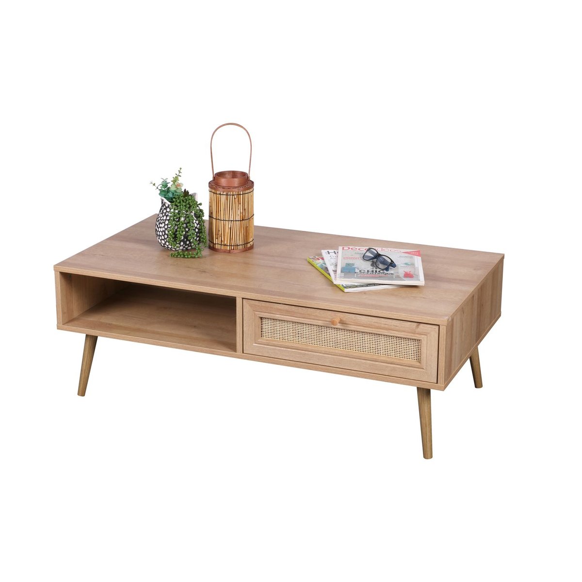Table basse 1 tiroir et 1 niche de rangement effet cannage BALI beige, TOILINUX