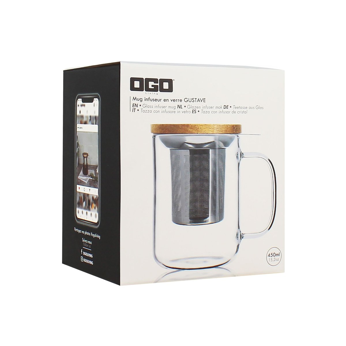Tisanière en verre et couvercle en bois d'acacia 450ml, GUSTAVE blanc, OGO LIVING
