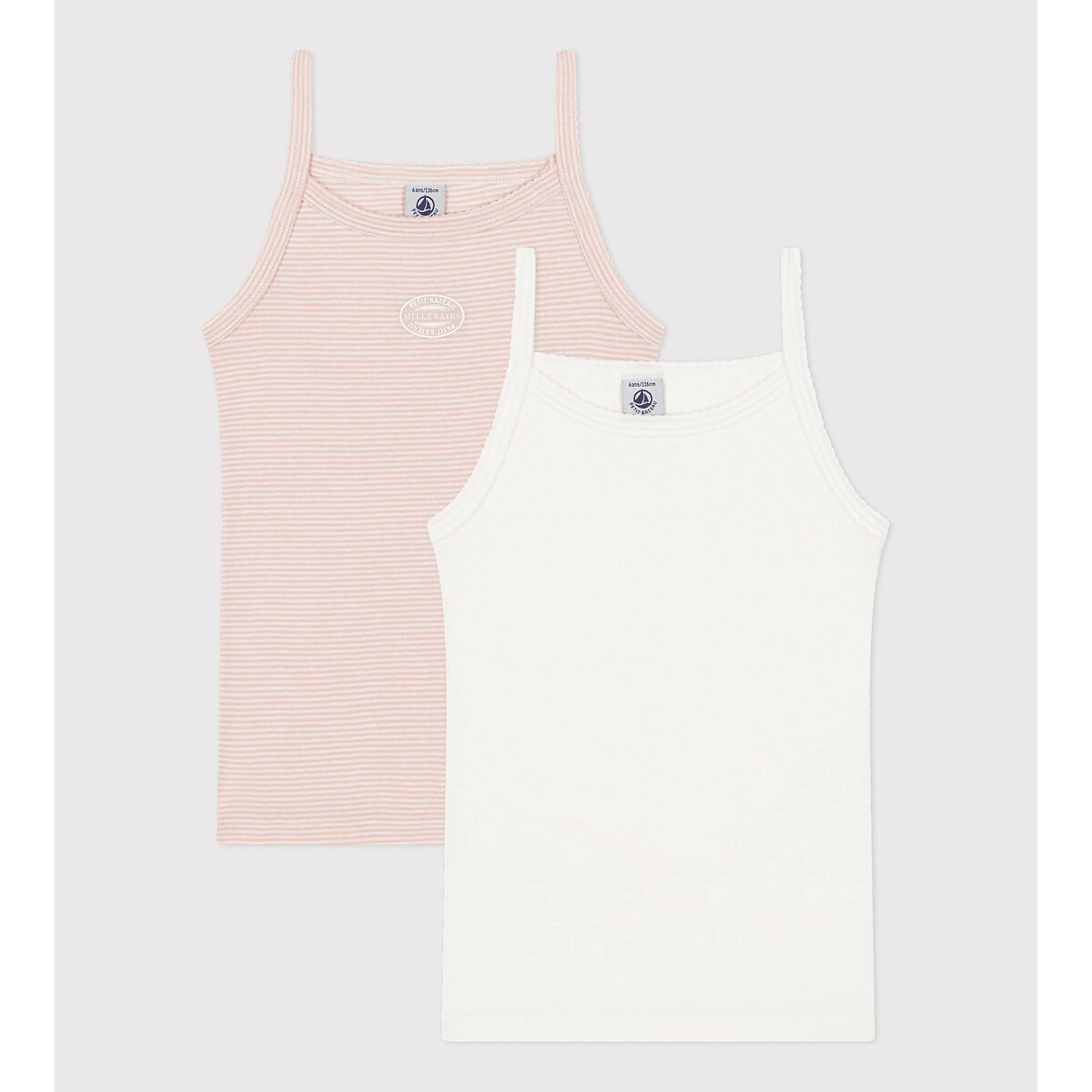 Pack of 2 Vests with Shoestring Straps in Cotton pink + white, PETIT BATEAU