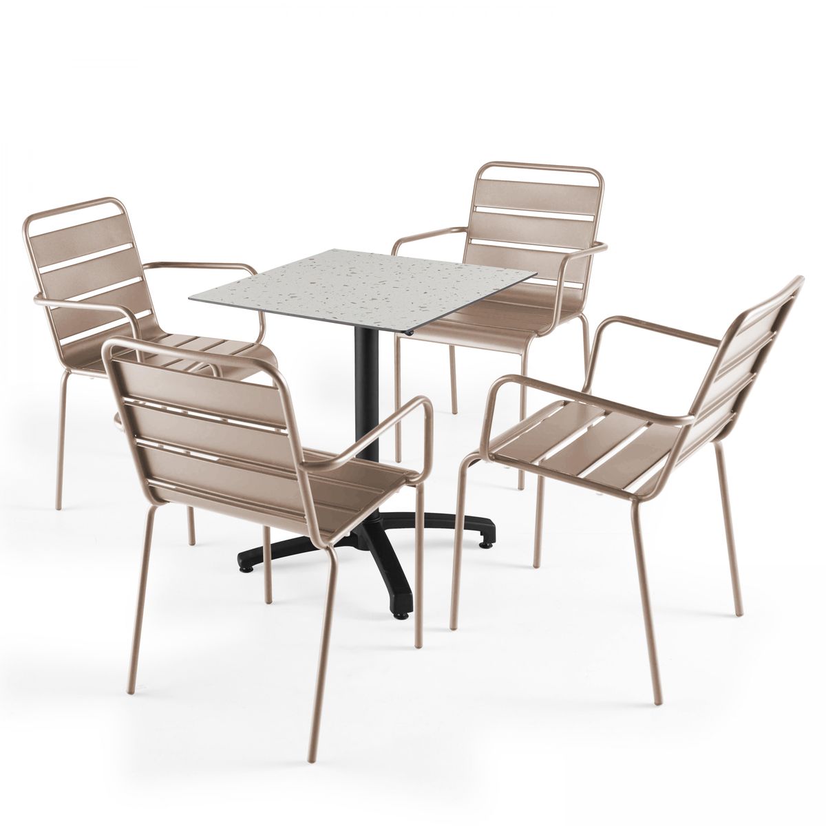 Table 60x60 cm inclinable stratifiée avec pied noir et chaises en métal, OPERA terrazzo moucheté fauteuil taupe, OVIALA