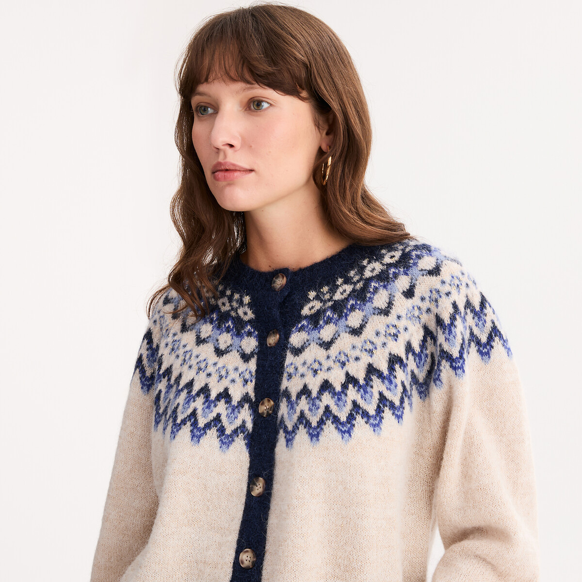 Alpaca Blend Jacquard Cardigan in Chunky Knit jacquard, ANNE WEYBURN