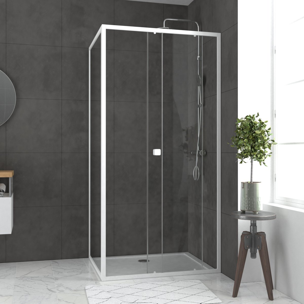 Porte de douche coulissante en verre trempé avec paroi de retour blanc, HOME MAISON