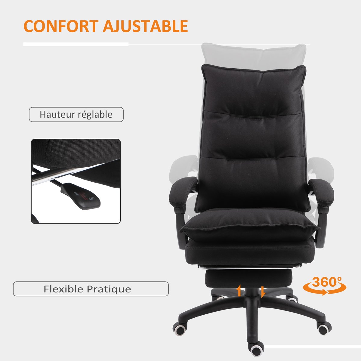 Fauteuil de bureau avec fonction massage Lin noir, HOMCOM