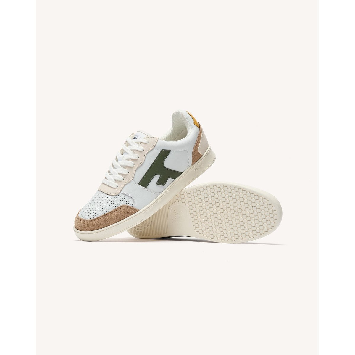 Baskets basses cuir suede HAZEL blanc et beige et kaki, FAGUO