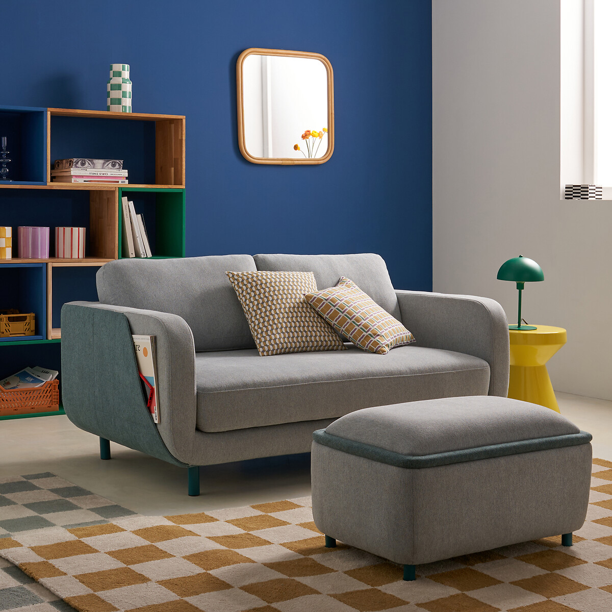 Pufe 3 em 1, assento, arrumação e mesa de centro, Jimba cinzento/azul, LA REDOUTE INTERIEURS