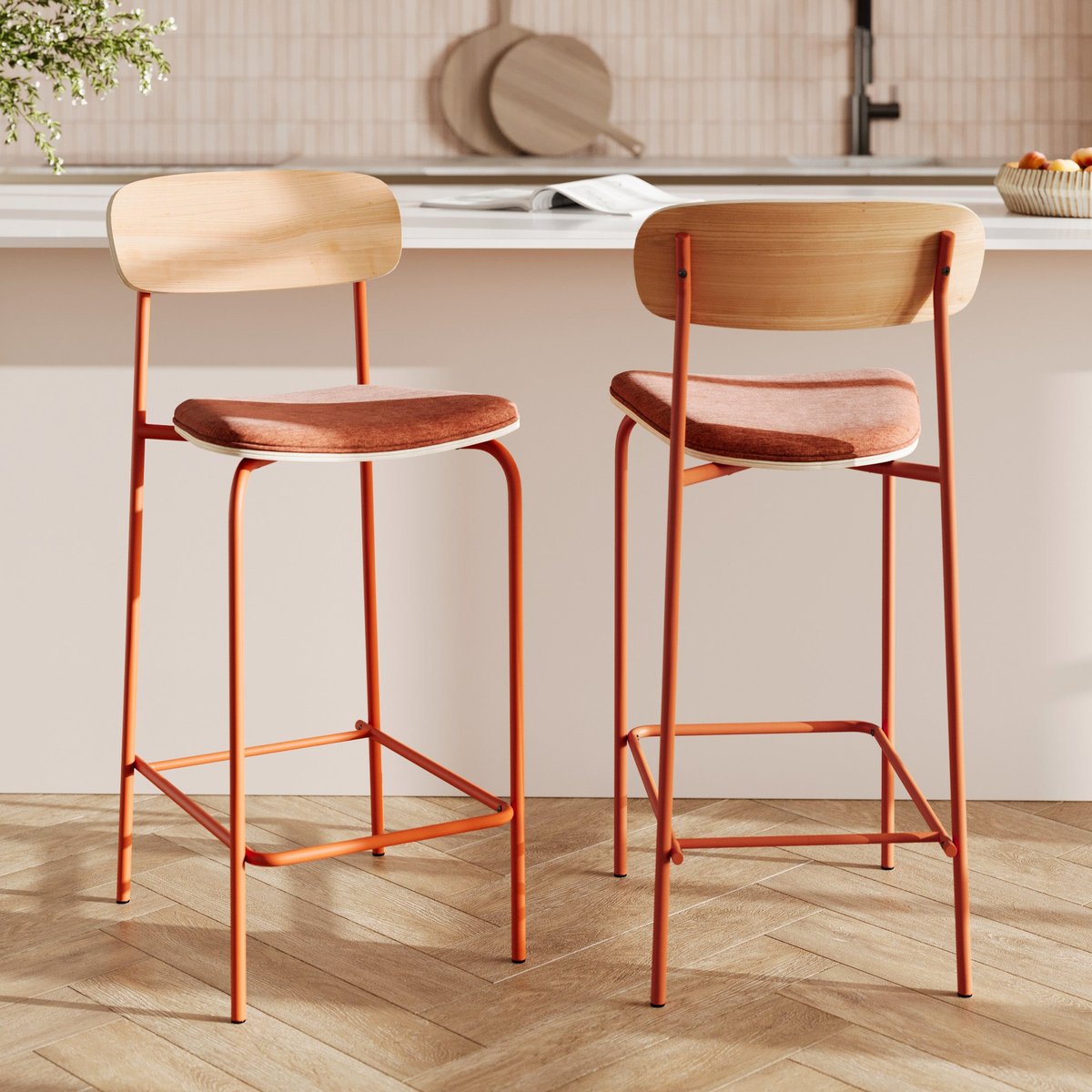 Lot de 2 chaises pour îlot central en tissu 65 cm - ALBA terracotta, MAISON PAVANE
